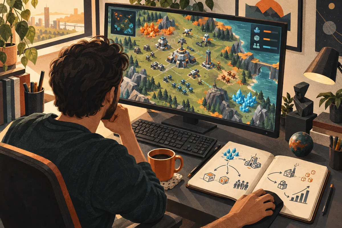 Illustration of a player studying a strategy game beside a notebook of plans